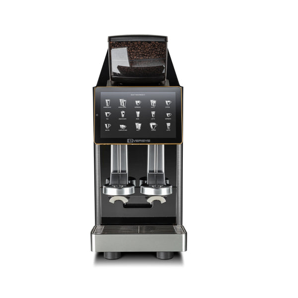 Front view of the Eversys Shotmaster 2 Group Head Coffee Compact Super Traditional Espresso Machine c/ST (Charcoal) by Eversys, featuring a transparent bean hopper at the top, a digital touchscreen display in the center showcasing various coffee options, and dual spouts below for dispensing beverages. The espresso machine boasts a sleek black and chrome design ideal for high-volume environments.