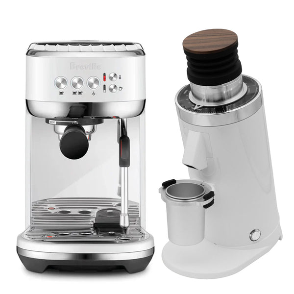 The Breville The Bambino Plus Espresso Machine BES500SST in Sea Salt, paired with the DF64 Gen 2 Grinder with DLC Burrs in White, creates a perfect blend of style and performance for delivering café-quality coffee at home.