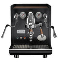 The ECM Synchronika Espresso Machine - Dual Boiler with PID and Flow Control (Black) by ECM is a sleek, black device featuring dual pressure gauges, dual steam wands with wooden accented handles, a central portafilter, and an E61 Group Head. It also boasts a drip tray and a polished chrome finish for added elegance.