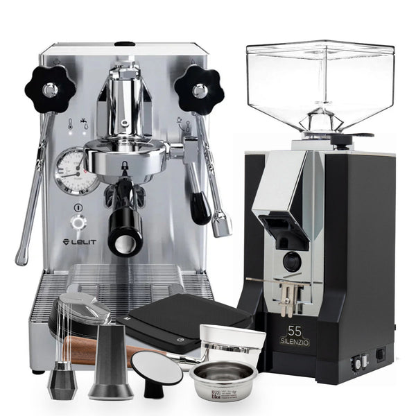 A stylish Lelit Mara X Heat-Exchange E61 Espresso Machine with PID PL62X in stainless steel pairs perfectly with the black Eureka Mignon Silenzio 55mm Grinder. In front, you'll find a selection of coffee-making accessories, such as a tamper, portafilter, and milk frothing pitcher.