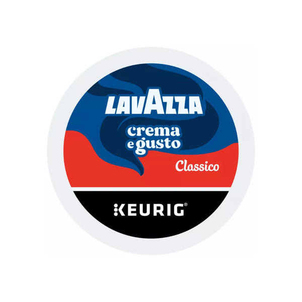 A round Lavazza Crema e Gusto K-Cup® Pods label in blue and red, showcasing its Rainforest Alliance Certified status with "Keurig" on a black background, highlighting its sustainable commitment.