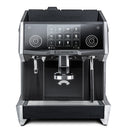 Introducing the Eversys Cameo Steam Wand Super Traditional Espresso Machine C'2s/ST (Raw) by Eversys—a modern espresso machine with a sleek black design, featuring a digital touch screen interface for optimal espresso performance. The machine includes various buttons displaying different coffee options, two nozzles for dispensing coffee, and an Everfoam steam wand located on the right side.