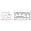 Annotated technical line drawing of the Conti MC Ultima Espresso Machine (Black) with dimensions highlighted in red. The illustrations of the front and side views reveal various components such as levers and buttons, demonstrating the Multi Boiler system. Precise measurements offer detailed specifications of the machine's size and layout.