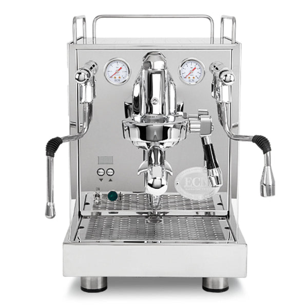 Front view of a shiny stainless steel ECM Mechanika Max Espresso Machine - Open Box, Unused, with dual pressure gauges, two steam wands on either side, several control buttons, and a drip tray. The machine features Brew Temperature Control and has the ECM logo near the center.