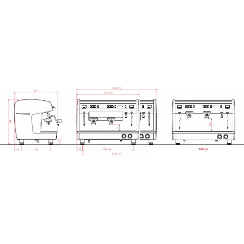 Blueprint diagram of the Conti X-One Espresso Machine (Black) crafted with modern materials, displayed from multiple angles with dimensions in millimeters. Views include front, side, and top, highlighting components like the pre-infusion setting and providing detailed measurements for reference.