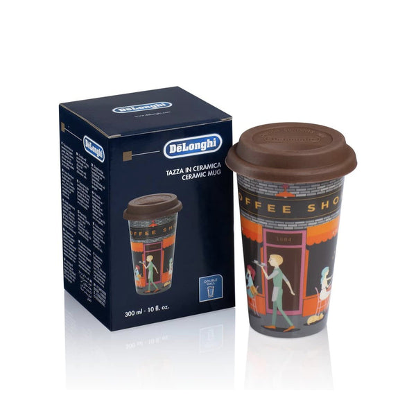 The DeLonghi Double Walled Ceramic Thermal Mug (Coffee Shop) DLSC066, featuring a coffee shop design and a brown lid, is shown next to its packaging. The mug showcases illustrations of people outside a coffee shop, enhancing its thermal insulating properties. The box displays the DeLonghi logo, product details, and an image of the mug.