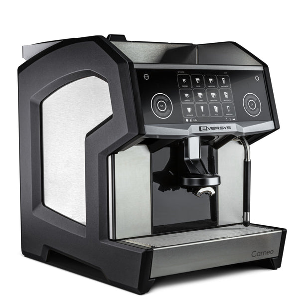 The Eversys Cameo Steam Wand Core Espresso Machine C'2s (Tempest) features a modern design with a digital control panel equipped with multiple buttons, a portafilter for brewing, and a steam wand for frothing milk. This budget-friendly coffee machine is primarily black and silver, prominently displaying the Eversys brand on the front.