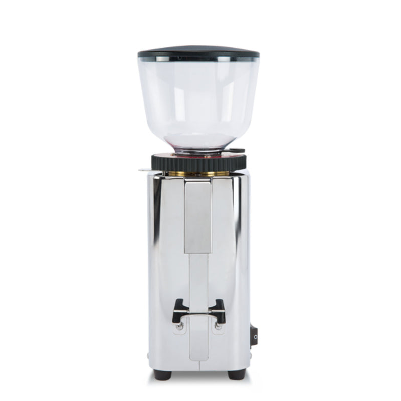 The ECM C-Manuale 54 Burr Grinder by ECM features a sleek stainless steel finish and a transparent hopper on top, making it ideal for those who value manual grinding. Its cylindrical design provides a simple, modern aesthetic against a white background, ensuring freshly ground coffee with every use.