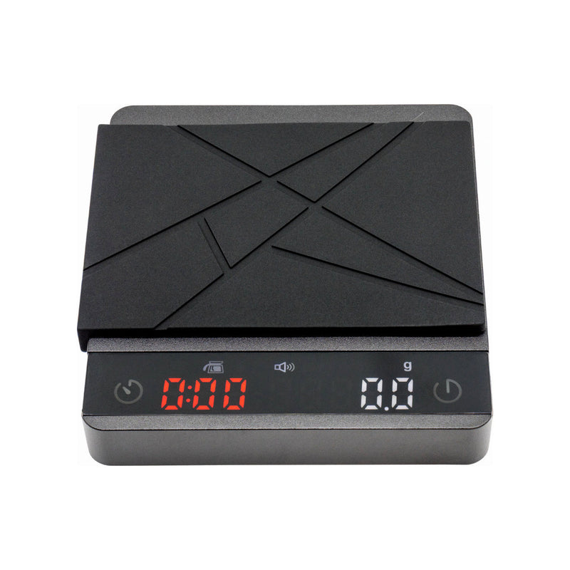 Introducing the Whitebird Metal Coffee & Espresso Scale KC230 (Black) by Whitebird: a digital kitchen scale with a sleek metal design and a black top surface featuring geometric patterns. The display panel at the front showcases a red illuminated "0:00" on the left and "0.0 g" on the right, along with power buttons on both sides, ensuring precise measurements every time.