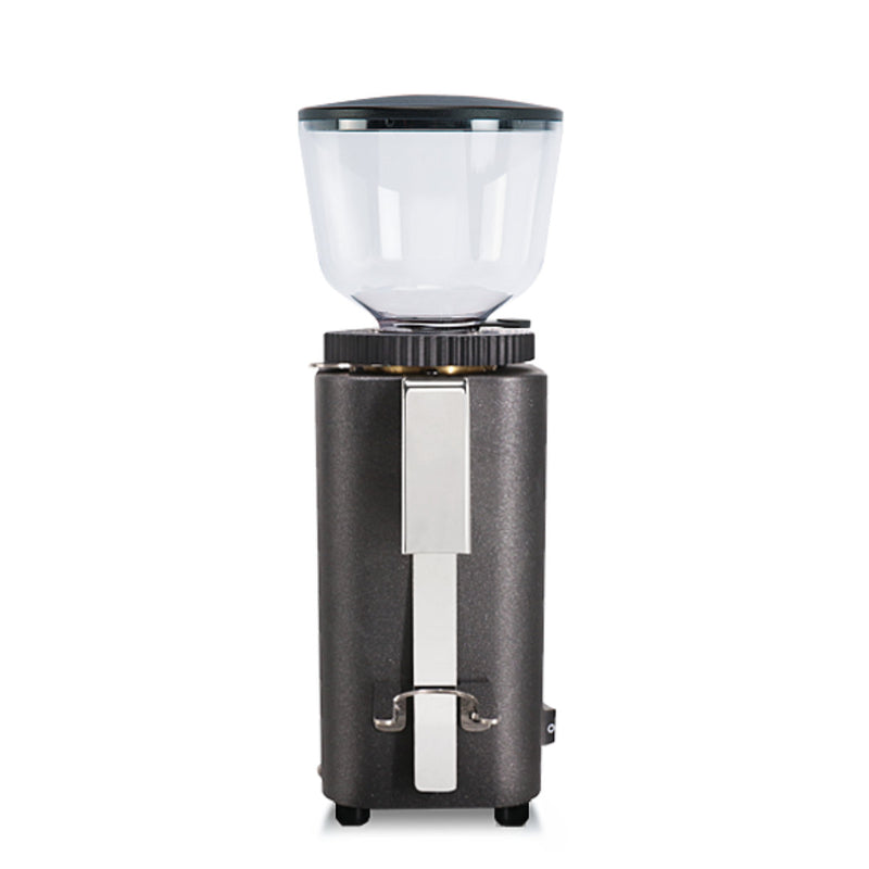 The ECM C-Manuale 54 Burr Grinder (Anthracite) by ECM is a sleek and modern espresso grinder featuring a black body with a transparent hopper. It is designed for on-demand grinding in a cylindrical shape, accented with silver details, and stands upright on a white background.