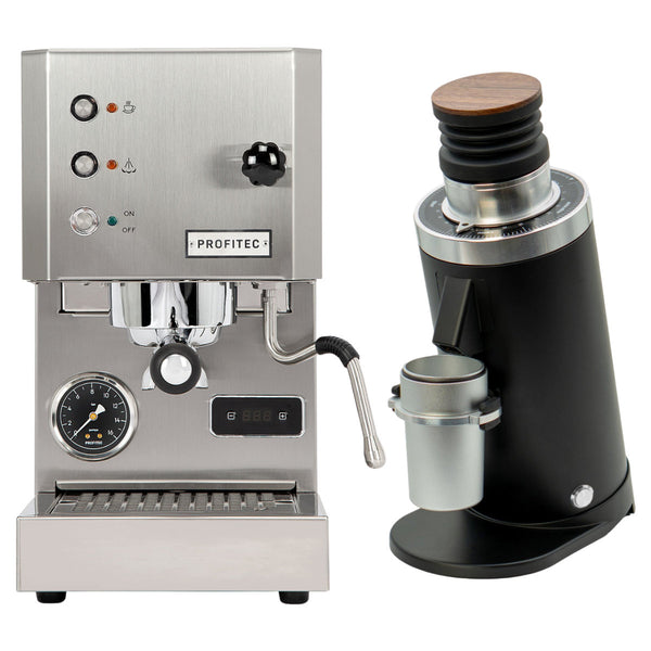 A stainless steel Profitec Go espresso machine with steam wand and pressure gauge is paired with the black DF64 Gen 2 Grinder featuring DLC burrs, both highlighting a sleek and modern design. Together, they serve as high-end appliances that perfectly complement each other for coffee enthusiasts.