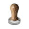 The Lelit 58.55mm Stainless Steel and Zebra Wooden Handle Tamper PLA481Z, featuring a stainless steel base marked with "58.55mm," boasts an ergonomic handle that showcases a natural wood grain pattern, seamlessly complementing Lelit filterholders. The tamper is placed on a white background.