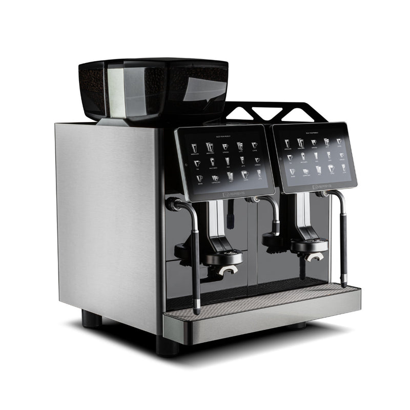 A sleek, modern Eversys Enigma 2 Group Head Steam Wand Classic Espresso Machine E'4s/Classic (Tempest) with dual spouts and a glossy black and stainless-steel finish. It features two touchscreen control panels, multiple buttons, a steam module for precise espresso production, and a large, transparent bean hopper on top.