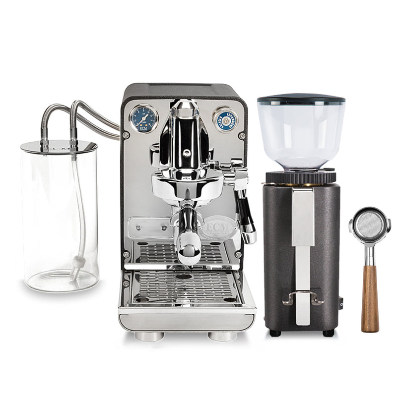 The ECM Puristika Semi Automatic Espresso Machine in Anthracite, along with the ECM C-Manuale 54 Burr Grinder in matching Anthracite, is complemented by a 58mm Bottomless Walnut Portafilter. This stainless steel machine features an E61 group head, steam wand, pressure gauge, transparent water container, and is paired perfectly with the silver grinder that includes a clear bean hopper for precision brewing.