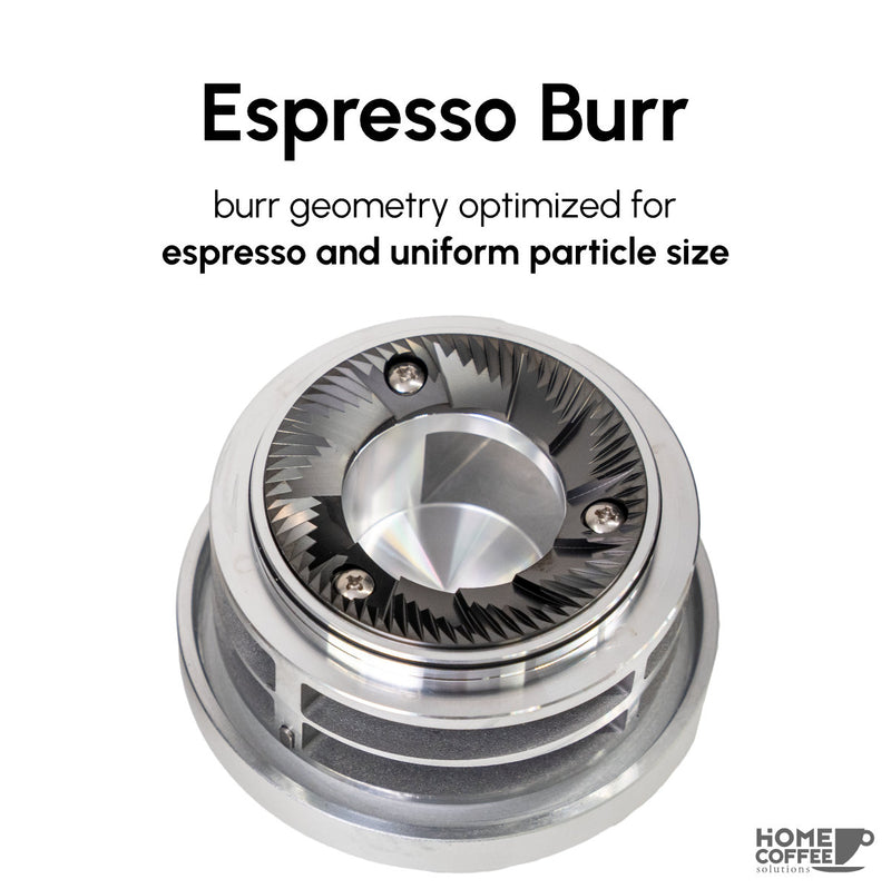 An image showcases the DF83V Variable Speed Single Dose Coffee Grinder by DF Grinders, featuring 83mm DLC espresso burrs for precise grinding and uniform particle size. The text reads "Espresso Burr: geometry perfect for espresso and precision grinding." Logo: "Home Coffee Solutions.