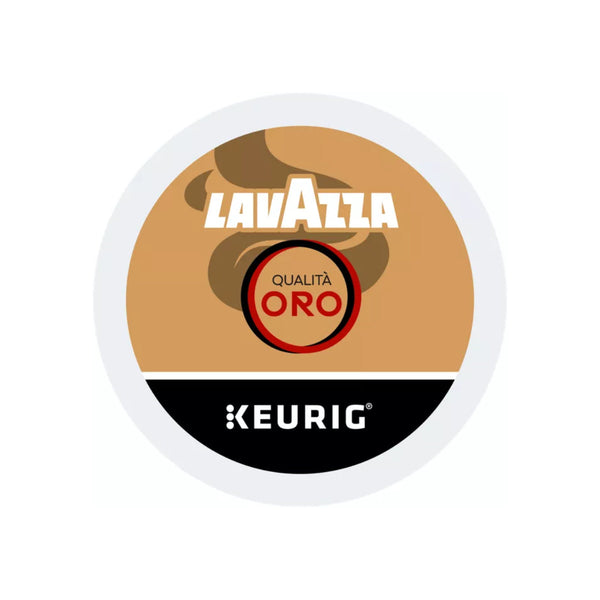 The Lavazza Qualità Oro K-Cup® Pods (Box of 24) feature a rich Arabica and Robusta blend, presented in a brown and gold design with the Lavazza logo at the top and the Keurig logo at the bottom.