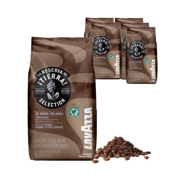 The Lavazza La Reserva de ¡Tierra! Selection Espresso Whole Coffee Beans Value Pack highlights roasted coffee beans that are Rainforest Alliance Certified. The labels emphasize that it's made from 100% Arabica beans, offering espresso with flavor notes of flowers, almonds, and milk chocolate.