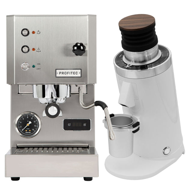 Profitec Go (Stainless Steel) Espresso Machine & DF64 Gen 2 Grinder w/ DLC Burrs (White) Bundle