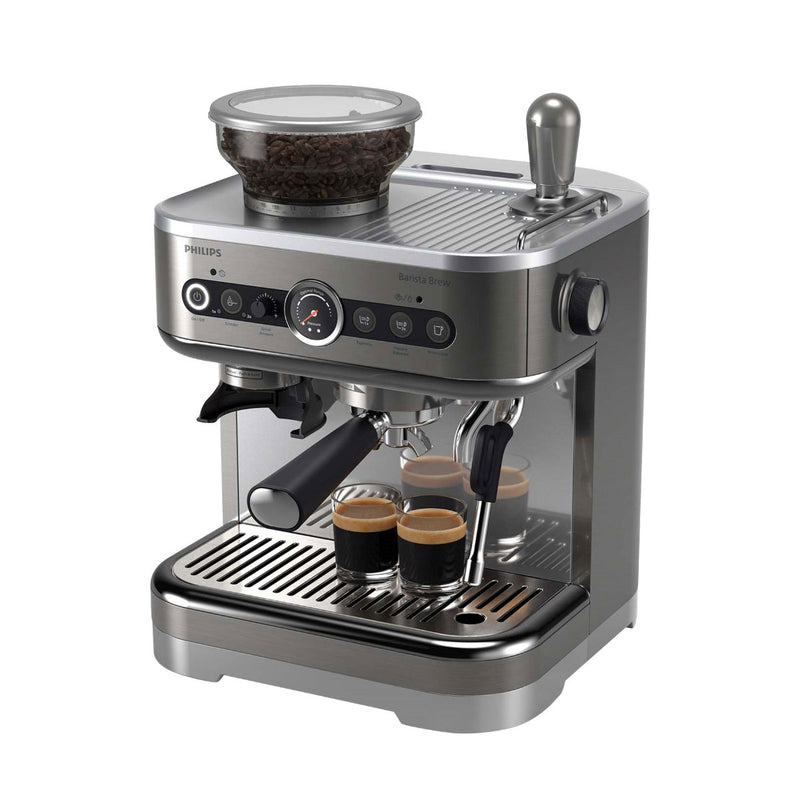 The Philips Barista Brew Semi Automatic Espresso Machine PSA3218/01 (Silver) boasts a dual bean container, a barista brew setup with portafilter, and front panel controls. Two cups of rich espresso sit on the drip tray of this stainless steel machine by Philips.