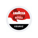 The round logo has a red and white design, reading "Lavazza Qualità Rossa" in bold. Below, “Keurig K-Cup Pods” is elegantly stated in white on black, emphasizing its Arabica/Robusta blend for Lavazza Qualità Rossa K-Cup® Pods (Case of 96).