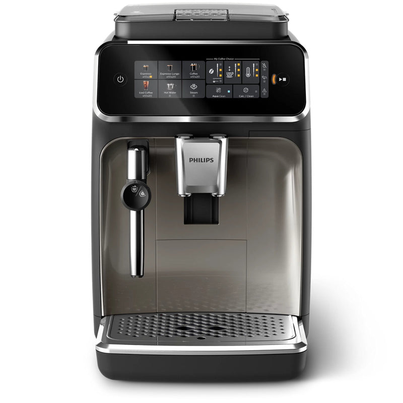 The Philips 3300 Super Automatic Espresso Machine with SilentBrew EP3326/90, sporting an elegant black and stainless steel design, offers a digital display panel with touch buttons for various coffee options. It includes a built-in milk frother using the LatteGo system, a coffee dispensing spout, and is complemented by a drip tray at the base.