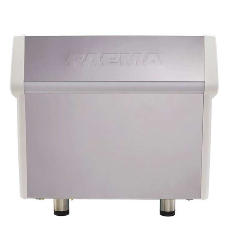 A rear view of the FAEMA Prestige 2 Group Head Tall Cup Autosteam Espresso Machine F01-UO210Y9BTDDGA (White) featuring a minimalist stainless steel panel with faint brand engraving, two circular black feet at the base, and a white background; this model showcases advanced features like the Smartboiler.