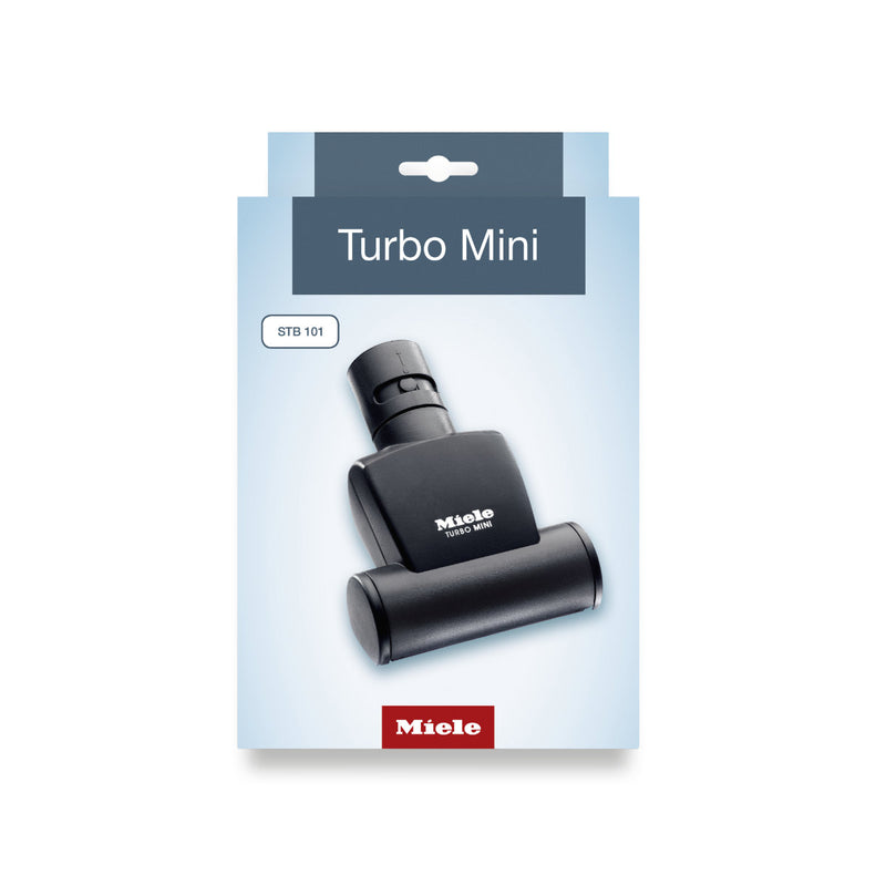 Packaging for the Miele Handy TurboBrush Vacuum Cleaner Attachment STB 101, showcasing an image of the compact, black accessory with its eco-friendly design on a light blue background.