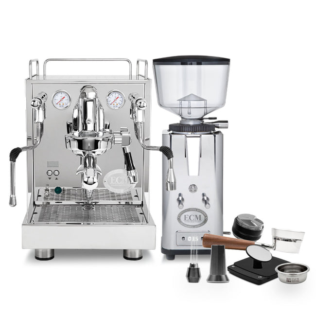 ECM Mechanika Max Heat Exchanger (HX) Espresso Machine with PID, ECM S-Automatik 64 Burr Grinder (Stainless Steel) & Barista Tools Bundle