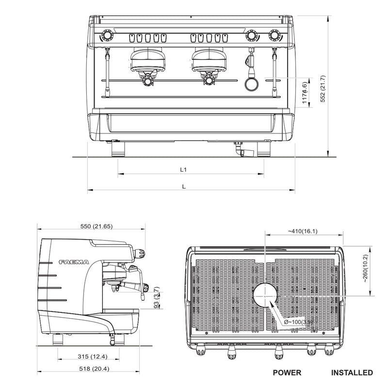 Technical drawing of a Faema E98UP 2 Group Head Espresso Machine F01-UL210VWTB999A (White) from FAEMA, featuring front, side, and rear views. The machine boasts an ergonomic and robust design with two group heads. Dimensions are marked for height, width, and depth. Key labeled areas include the power location, fixed-nozzle thermosyphon system, and critical installation measurements.