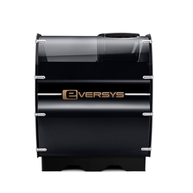 A sleek Eversys Enigma 2 Group Head Steam Wand Super Traditional Espresso Machine E'4s/ST in charcoal with a minimalist design. The machine has a glossy finish and features the Eversys logo prominently in the center. It boasts continuous steam capabilities, and its transparent top section reveals some internal components.