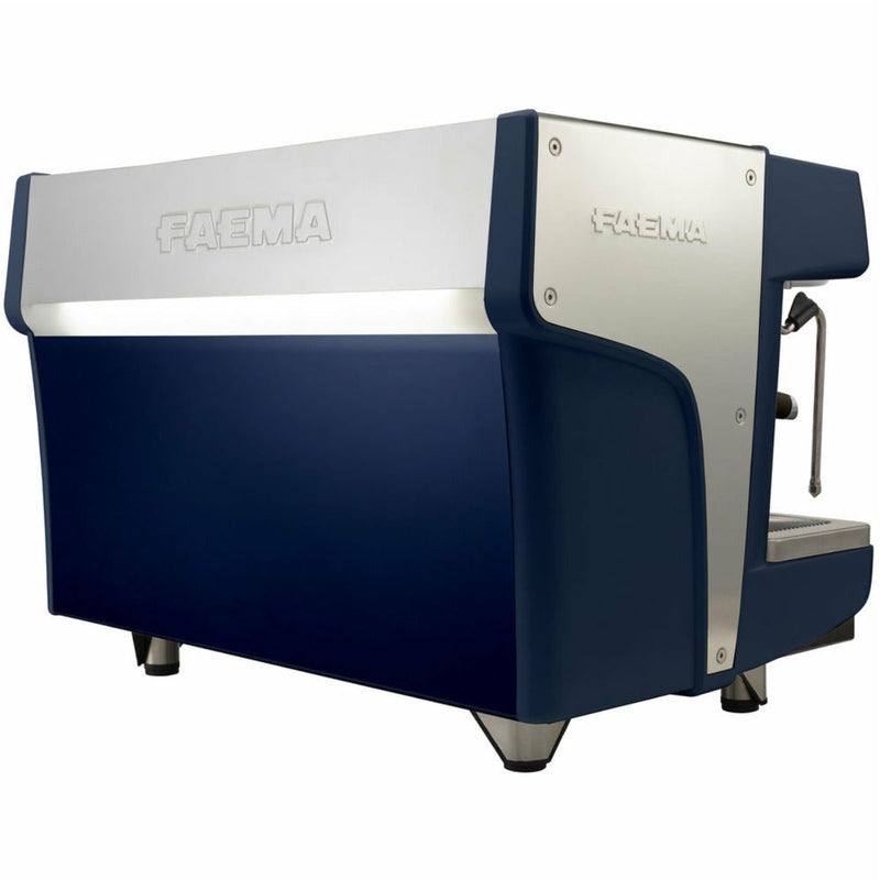 An Indigo Blue Faema Prestige Plus 2 Group Head Tall Cup Autosteam Espresso Machine (Model: F01-UQ210T2BTDDGA) with a sleek, modern design. The FAEMA logo is prominently displayed on the side. Featuring an adjustable temperature thermal system, the machine stands on small legs and appears to be a commercial model.