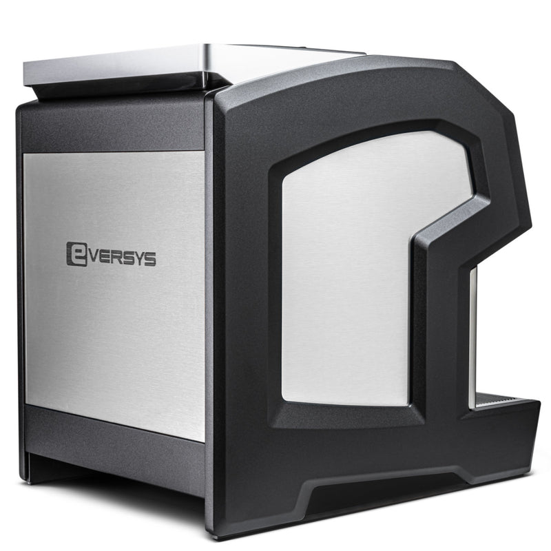 Image of a modern, black and stainless steel Eversys Cameo Coffee & Tea Core Espresso Machine C'2c (Tempest) viewed from the side. The machine has a sleek, angular design and features the Eversys logo on the side panel, highlighting its sophisticated e’Levelling brewing unit.