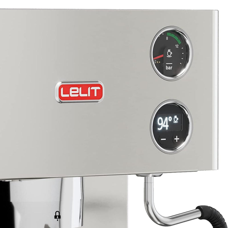 Close-up of the Lelit Kate PL82T Semi Automatic Espresso Machine with Grinder. The modern stainless steel machine, featuring a commercial-grade espresso system, includes a pressure gauge indicating "bar" and an LED screen displaying 94°C. Visible components include a shiny spout and a sleek frame, all marked with the distinctive Lelit logo.