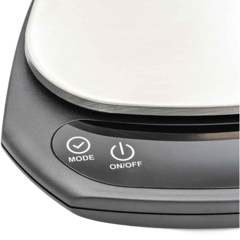 Close-up of the Whitebird Ultrathin Scale KC203 by Whitebird, showcasing a stainless steel platform. It features a rechargeable lithium battery and two buttons: "Mode" with a checkmark and "On/Off" with a power symbol on its sleek black surface.