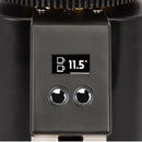 Close-up of the Profitec Twist A54 Coffee Grinder's black interface, showing a digital screen with two cup icons and "11.5," and two round stainless steel buttons below, complementing its sleek design effortlessly.