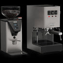 An image showing a Gaggia Classic espresso machine and a Gaggia MDF 55 Grinder side by side. Both have a sleek stainless steel finish. The espresso machine has buttons for control, and the grinder features Silent-Grind Technology with stepless micrometric adjustments, a digital display, and a coffee bean hopper on top.