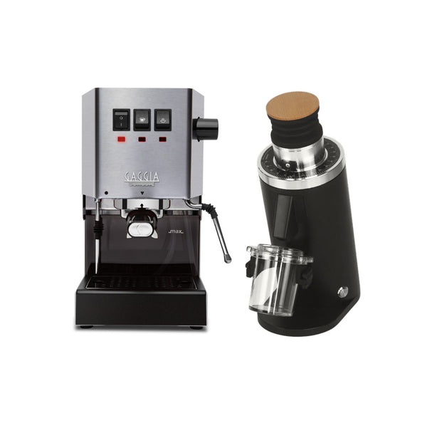 The Gaggia Classic E24 Stainless Steel & DF54 (Black) Bundle showcases professional results with its stainless steel body and steam wand, paired elegantly with a black coffee grinder featuring a wooden top, all set against a pristine white background.