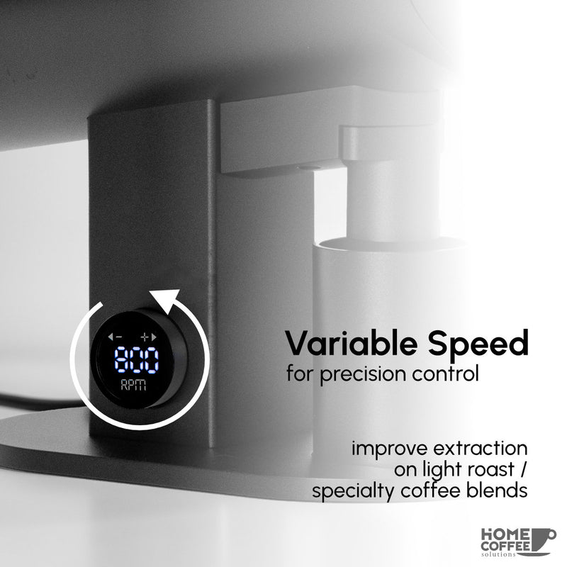 A close-up of the DF Grinders DF83V Variable Speed Coffee Grinder's digital display shows "8:00," featuring DLC Brew Burrs for enhanced precision. The variable speed control optimizes extraction for light roast and specialty coffee blends. Logo: "Home Coffee Solutions.