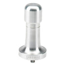 A high-quality silver metal coffee tamper, the JoeFrex Technic Calibrated Dynamometric Adjustable Tamper Handle, with a cylindrical handle and a flat, circular base inscribed with "JoeFrex." The tamper features a screw mechanism at the bottom for precise pressure adjustments, ensuring perfect espresso every time.