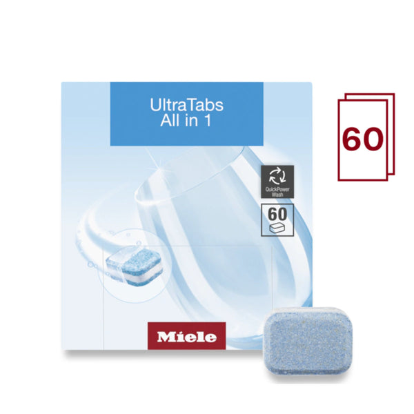 The image showcases a box of Miele UltraTabs All in 1 Dishwasher Cleaning Tablets (Box of 60). The light blue packaging prominently features an image of a large glass and a single tab, symbolizing its effective cleaning power. It is labeled with "QuickPower Wash" and "60" on the right-hand side, indicating the number of tablets included—ideal for use with Miele Dishwashers equipped with QuickIntenseWash.