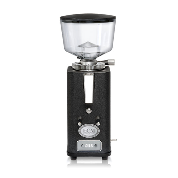 The ECM S-Automatik 64 Burr Grinder in anthracite features a contemporary design with a transparent bean hopper elegantly positioned on its streamlined, rectangular body. Accentuated by a silver dial, multiple buttons, and the distinctive ECM logo prominently displayed on the front, this on-demand grinder provides freshly ground coffee beans with both precision and style.