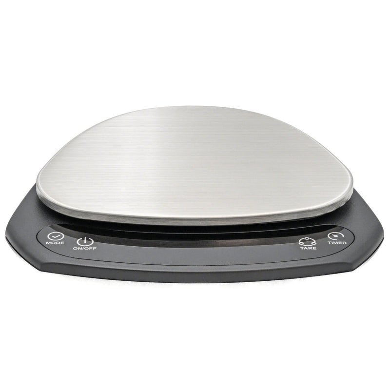 The Whitebird Ultrathin Scale KC203 is a digital kitchen scale featuring a sleek stainless steel surface and black base, ideal for professional baristas. It has a front panel with "Mode," "On/Off," "Tare," and "Timer" buttons and a high-precision sensor for accurate measurements.