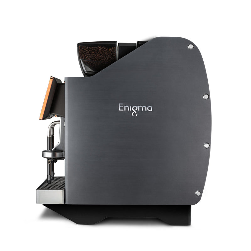 Side view of the sophisticated Eversys Enigma 2 Group Head Steam Wand Wide Super Traditional Espresso Machine E'4s x-wide/ST in a charcoal matte finish. The machine showcases a minimalist design with an accessible coffee extraction nozzle, a compact drip tray, and a top section for holding coffee beans.