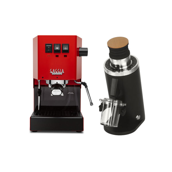 The Gaggia Classic E24 Red features buttons, a steam wand, and a sleek stainless steel portafilter. Beside it is the DF54 Grinder in black with a transparent container and wooden top. Both sit against a plain white background.