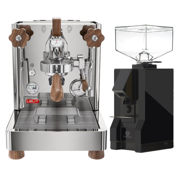 The Lelit Bianca 3 PL162T espresso machine, celebrated for its Italian craftsmanship, features wooden knobs and a pressure gauge. Paired with it is the sleek black Eureka Mignon Facile grinder, complete with a transparent hopper. Both products are elegantly displayed against a plain white background.