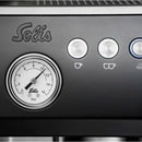 Close-up of the Solis Perfetta Grind & Infuse Espresso Machine (Type 1019) Black control panel. The panel features a pressure gauge on the left, displaying bar pressure. To the right are three buttons: one for single shot espresso, one for double shot, and one for steam functionality.