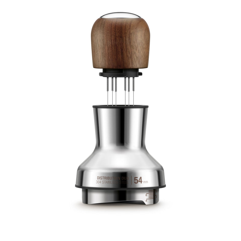 The Breville the Distribution Duo™ 54mm BEA203WLW is a sleek, modern coffee distributor and tamper featuring a stainless steel base and wooden handle. Ideal for precise Latte Art, this adjustable device displays "54 mm" on the base.