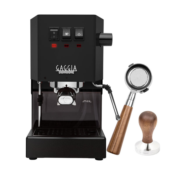 The Gaggia Classic E24 espresso machine, featured in the Cyber Monday Bundle, showcases a stunning Thunder Black finish and comes equipped with a bottomless walnut portafilter and walnut tamper. This stylish machine includes three buttons on top and boasts a steam wand on the right side for perfectly frothy creations.