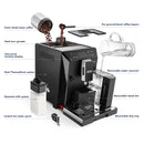 ALT: The DeLonghi Eletta Cappuccino Super Automatic Espresso Machine ECAM44660B (Black) - REFURBISHED diagram highlights labeled features such as a removable water reservoir, stainless steel burr grinder, fresh whole bean coffee hopper, pre-ground/decaf coffee bypass, intuitive one-touch display, dual Thermoblock system, and patented milk system for creating barista-quality beverages.