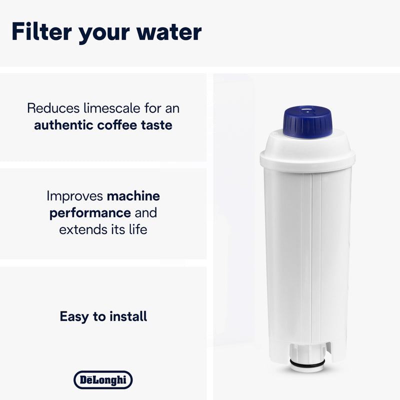 Image of the DeLonghi Water Filter for ECAM Type Espresso Machines (DLSC002) - 3 Pack with text used for coffee machines. Text highlights benefits: "Filter your water," "Reduces limescale for an authentic coffee taste," "Improves beverage quality, performance, and extends machine life," and "Easy to install.